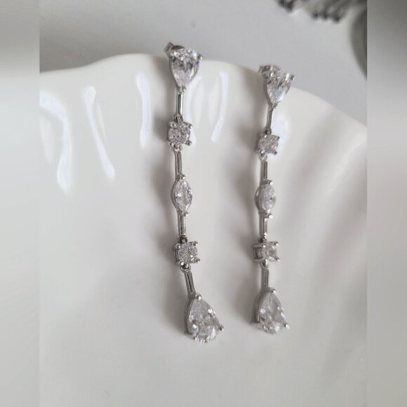 Vintage Sterling Silver Long Drop Crystal Elegant Formal Bridal Earrings - Picture 6 of 16